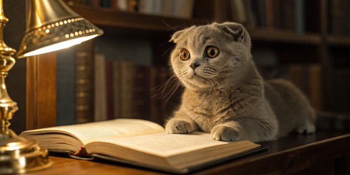 Curious cat observing books in a cozy library feline focus literary environment warm lighting