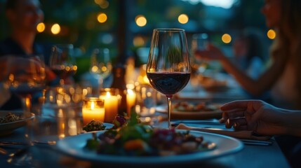 Obraz premium Elegant evening dining experience with red wine and candles creating a warm and inviting ambiance for friends and family