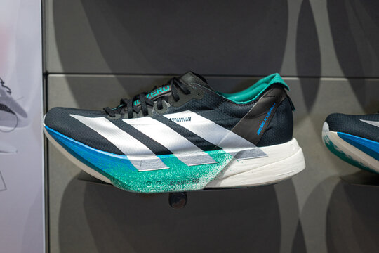 Bangkok, Thailand - March 2025: Adidas launch and sale Adizero Adios Pro 4, the most famous high performance running shoe which is engineered for speed. This is special color for Berlin marathon.