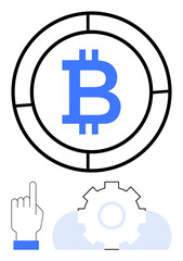 Bitcoin at center of segmented circle with gear and hand indicating cryptocurrency functionality, technology. Ideal for finance, blockchain, digital payment, investment, cybersecurity, fintech