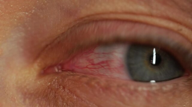 Close-up of irritated red eye, showing inflammation and dilated blood vessels, possibly due to conjunctivitis, dry eye syndrome, or other eye conditions