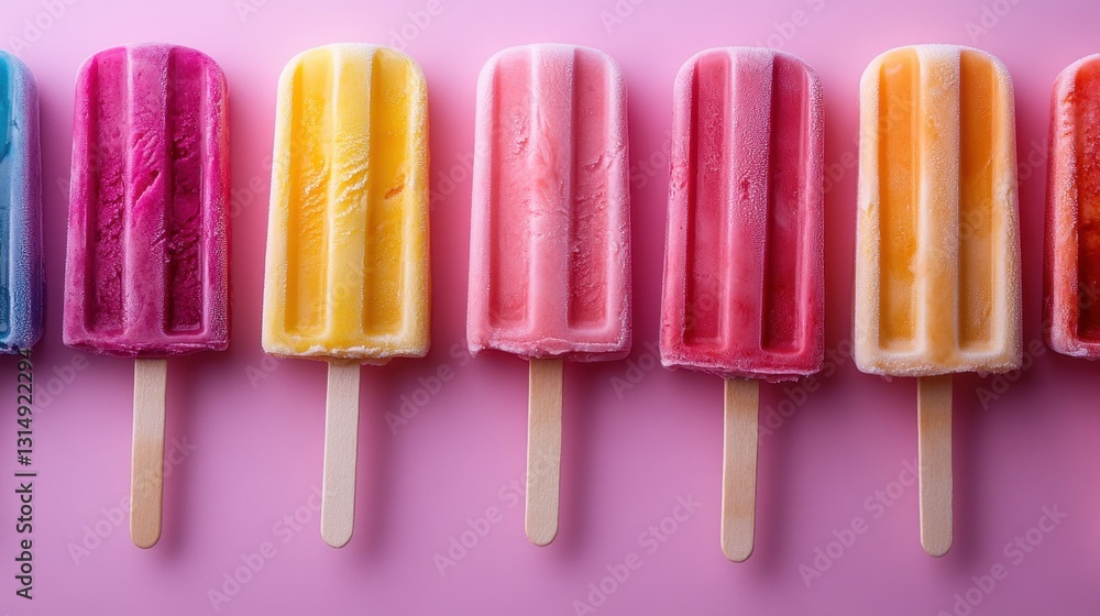 Poster vibrant array of frozen fruit bars on pastel pink surface creating a refreshing summer mood and a de