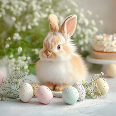 Charming Easter bunny with pastel eggs and gypsophila flowers, concept spring and Easter 