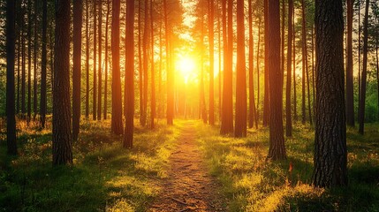 Fototapeta premium A serene forest path illuminated by sunlight, inviting exploration and tranquility.