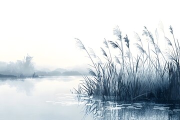 The swaying reeds by the river in the early morning