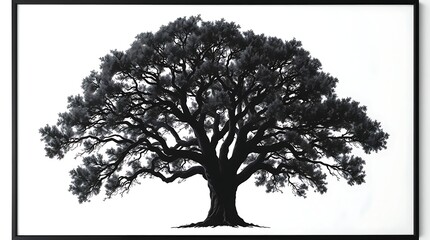 Majestic Oak Tree Silhouette in Black and White with Crosshatch Texture