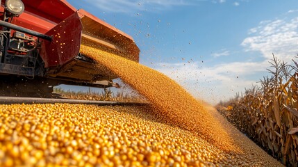 Agricultural Combine Loading Corn Grain on Trailer