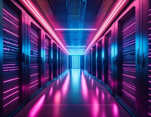 Fototapeta premium a futuristic server room illuminated with vibrant pink and blue led lights creating a mesmerizing corridor effect
