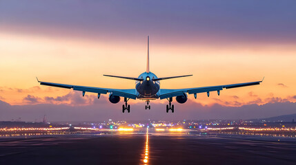 Obraz premium Pixelated Airplane Landing At Airport During Sunset With Dramatic Sky and Colorful Clouds in Pixel Art