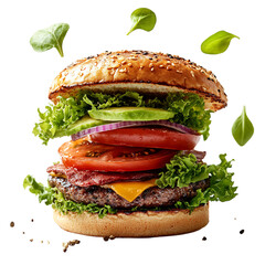 A Fresh Veggie Burger with Lettuce Tomato and Avocado Isolated on Transparent Background