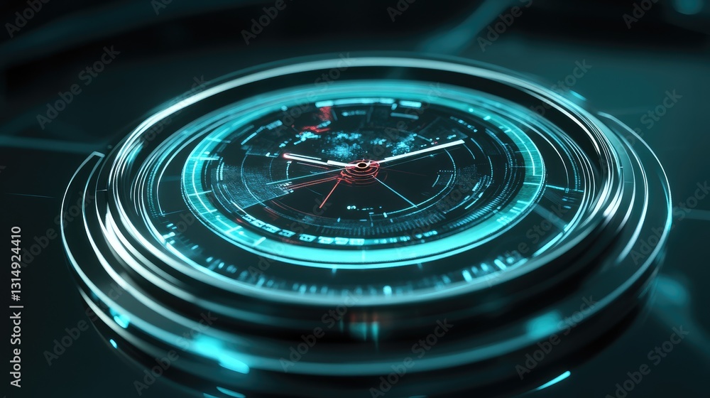 Poster a futuristic clock with time zones displayed in a holographic interface.