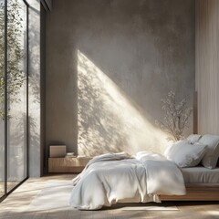 Light streaming across a modern minimalistic bedroom space