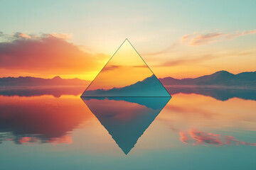 Surreal Geometric Reflection at Sunset Over Calm Water in a Futuristic Landscape, Generative AI