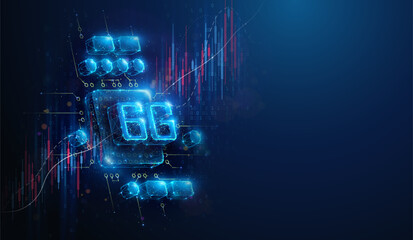 Lowpoly 6G Mobile Network Stock Market Chart. Abstract geometric illustration depicting 6th gen communication technology hardware industry price evaluation concept by wireframe mesh on blue background