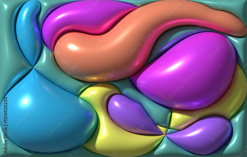 Poster various multi-colored wavy shapes with shiny smooth surface, 3d rendering illustration