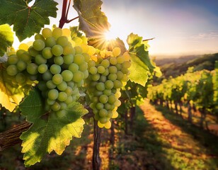 Fototapeta premium close up of a cluster of ripe green grapes growing on a vine bathed in warm sunlight