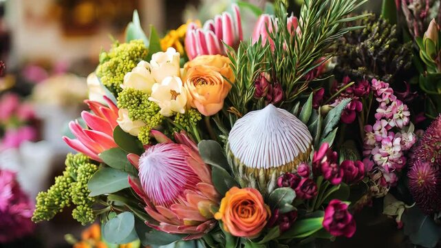 Vibrant floral bouquet with exotic protea and colorful spring blossoms for decorative arrangements New Zealand Flowers Week