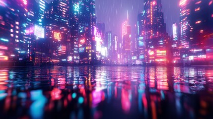 Naklejka premium A vibrant, futuristic cityscape at night, with glowing neon lights reflecting on wet surfaces, creating an enchanting atmosphere.