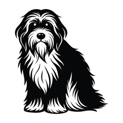 Old English Sheepdog Sitting with Shaggy Fur Cover Silhouette on White Background
