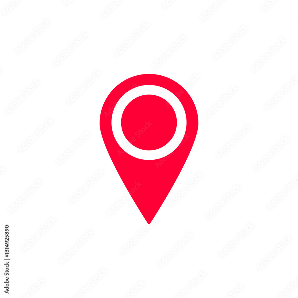 Poster red location pin symbol with a central dot represents map position identification or navigation.