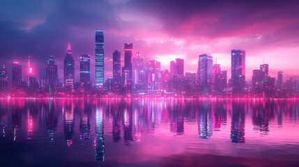 Fototapeta premium A vibrant city skyline at dusk, illuminated in shades of pink and purple, reflecting on the water beneath a dramatic sky.