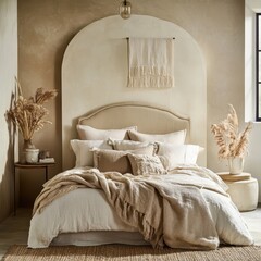 The neutral bedroom showcases bed and soft textiles with decor