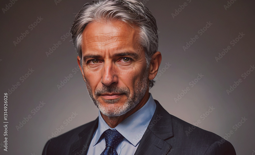 Poster Man in a suit and tie is standing in front of a gray background. He has a serious expression on his face