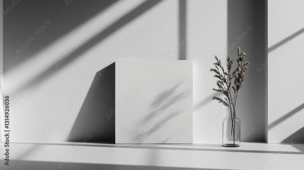 Poster Warm sunlight streams through shadows, illuminating a pristine white canvas set against a textured wall. A slender vase holds soft, dried flowers, adding a touch of nature to the serene arrangement