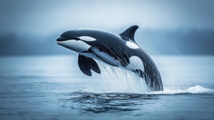 Fototapeta premium Majestic orca leaps from the tranquil ocean water a powerful display of nature's beauty in a captivating marine scene