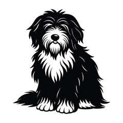 Old English Sheepdog Sitting with Shaggy Fur Cover Silhouette on White Background
