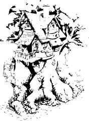 magical tree house, coloring page, sketch, drawing, vector, house, illustration, landscape, building, architecture, tree, old, city, vintage, church, mountain, art, village, bridge, home, nature, draw