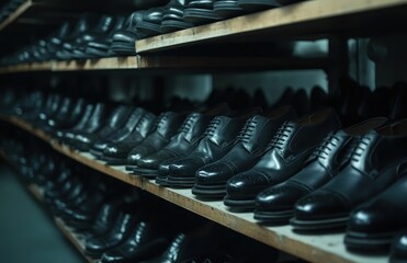 shelves filled with various types of leather shoes