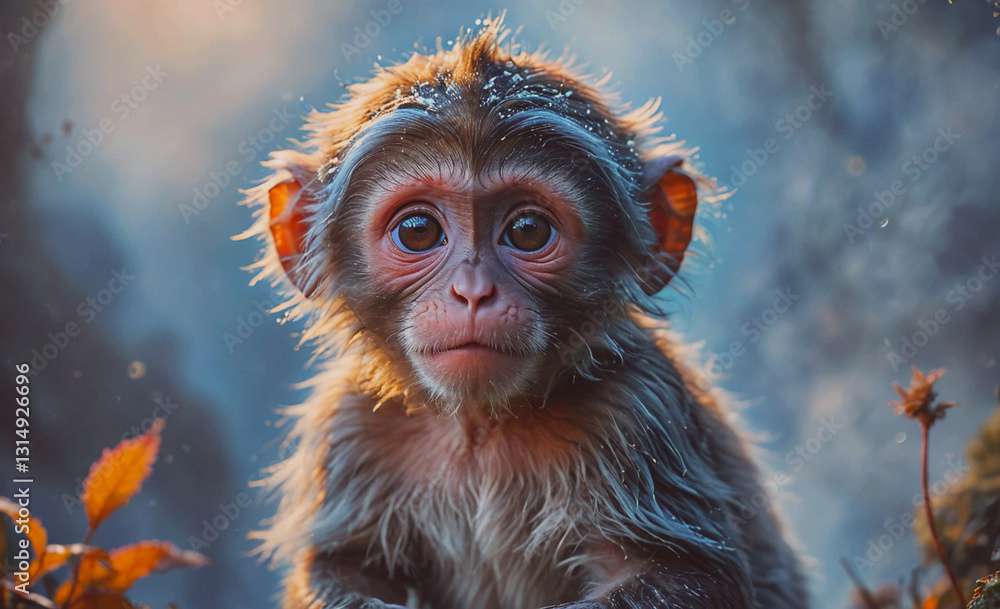 Poster baby monkey with its eyes closed and looking at the camera. the image has a cute and innocent mood
