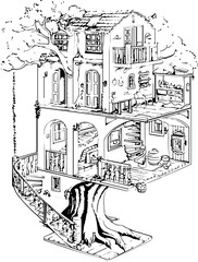 Obraz premium magical tree house, coloring page, sketch, drawing, vector, house, illustration, landscape, building, architecture, tree, old, city, vintage, church, mountain, art, village, bridge, home, nature, draw