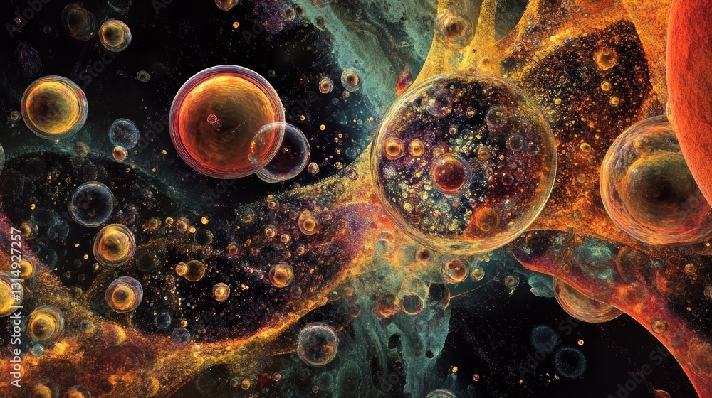 Poster abstract depiction of cellular structures, filled with vibrant color. complex network of spheres and