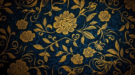 Golden Floral Pattern on Dark Blue Background: Elegant Damask Design