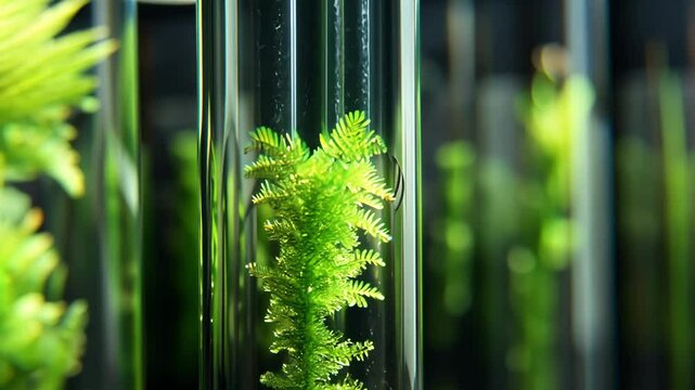 Aquatic plants thriving in clear glass tubes within a vibrant laboratory setting