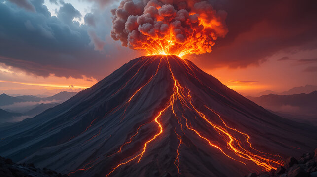 Dangerous exploding volcan. Powerful and terribly volcanic eruption. Generate AI