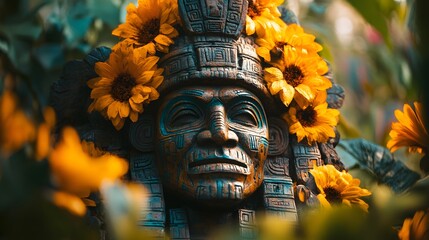 Aztec warrior in ceremonial regalia performed ancestral dance. Gods and celebrating cycle of renewal