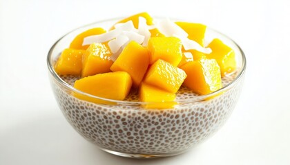 Chia Pudding with Mango and Coconut Topping in a Glass Bowl - A Healthy and Delicious Dessert Option for Any Occasion.