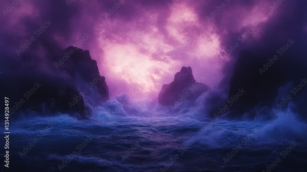 Poster Rugged cliffs rise dramatically from the churning sea, enveloped in a captivating blend of deep purples and soft blues. Waves crash noisily, creating an atmosphere of elemental beauty at dusk