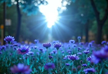 Fototapeta premium Sun-drenched City park with blooming flowers during natural light