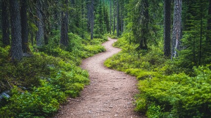 Obraz premium A winding dirt path cutting through a vibrant, untouched forest.