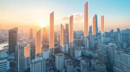 Bar chart overlaying a city skyline, symbolizing corporate development.