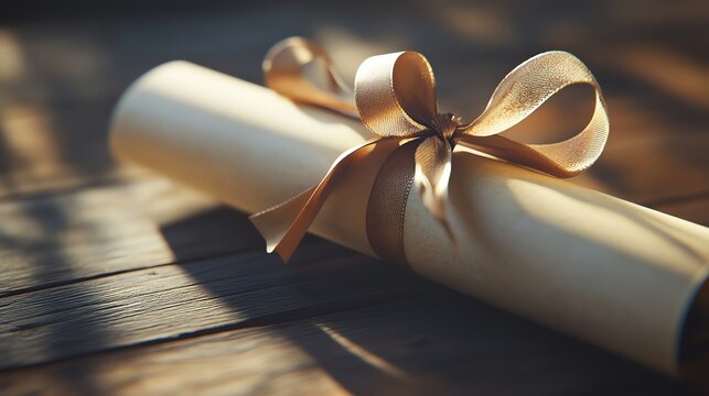 A rolled diploma tied with a ribbon.