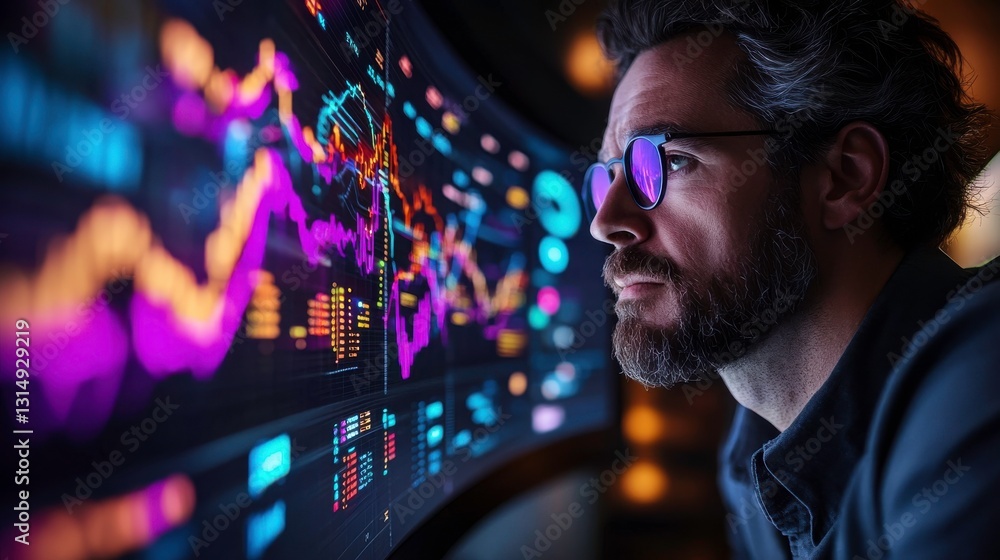 Poster a focused individual analyzes colorful data visualizations on a large screen, reflecting modern tech