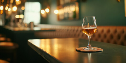 Elegantly set wine glass in cozy dimly lit bar with leather seating and warm ambient lighting