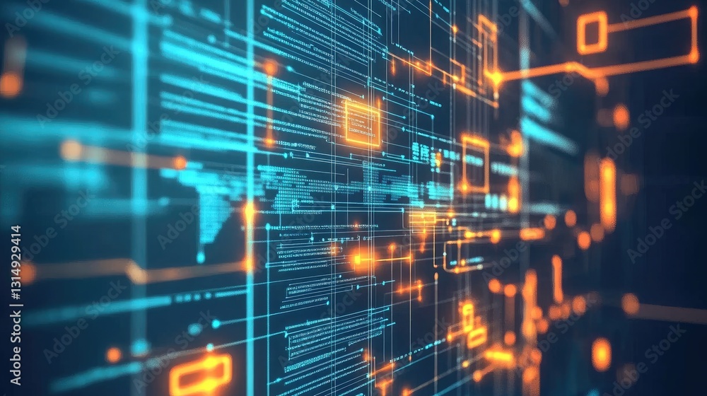 Poster Big data visualization with real-time analytics flowing through digital connections.