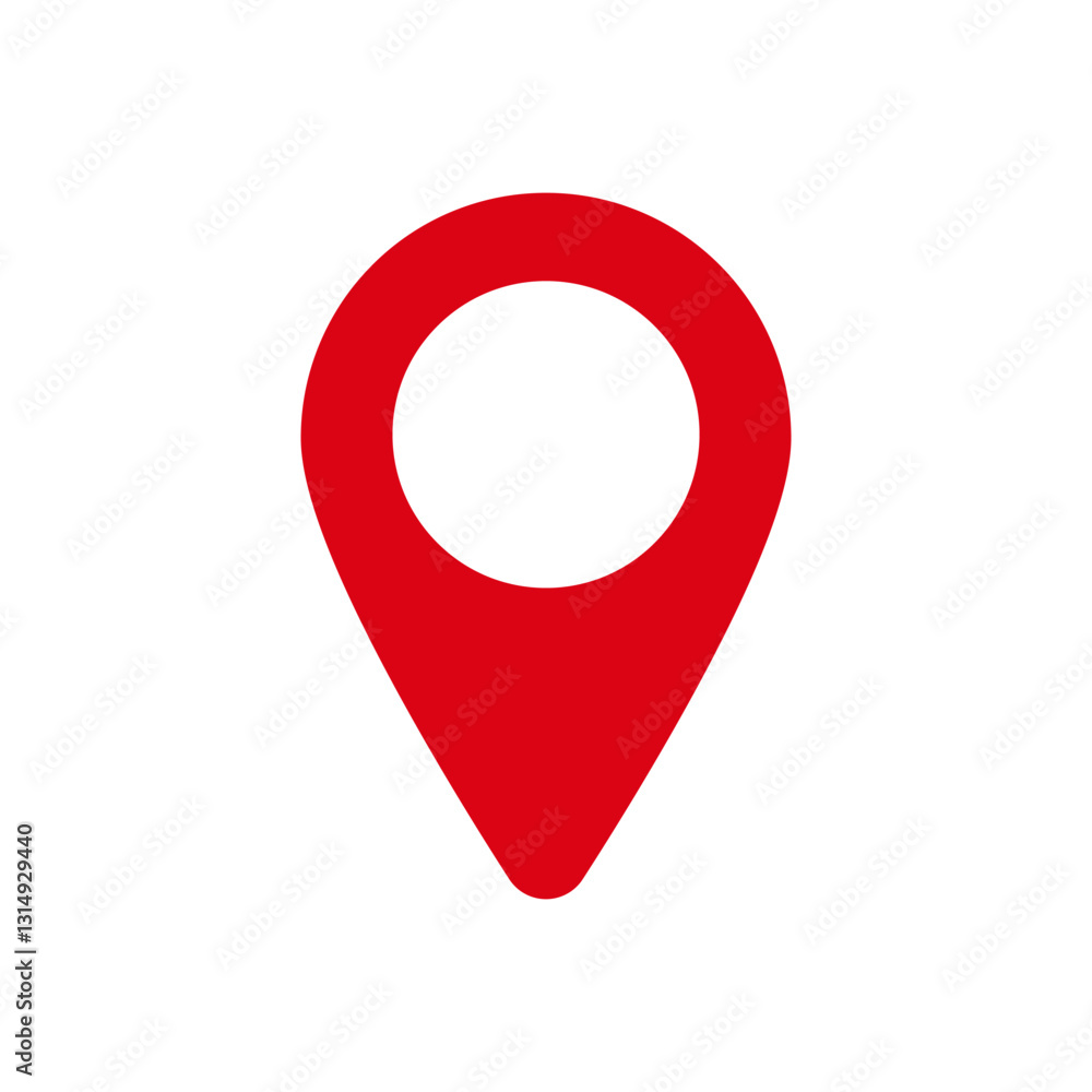Poster bright red map pin with a pointed tail and inner white circle symbol for map location marking.