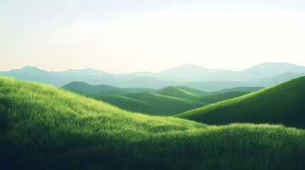 Fototapeta premium A serene landscape featuring rolling green hills and distant mountains under a soft sky.